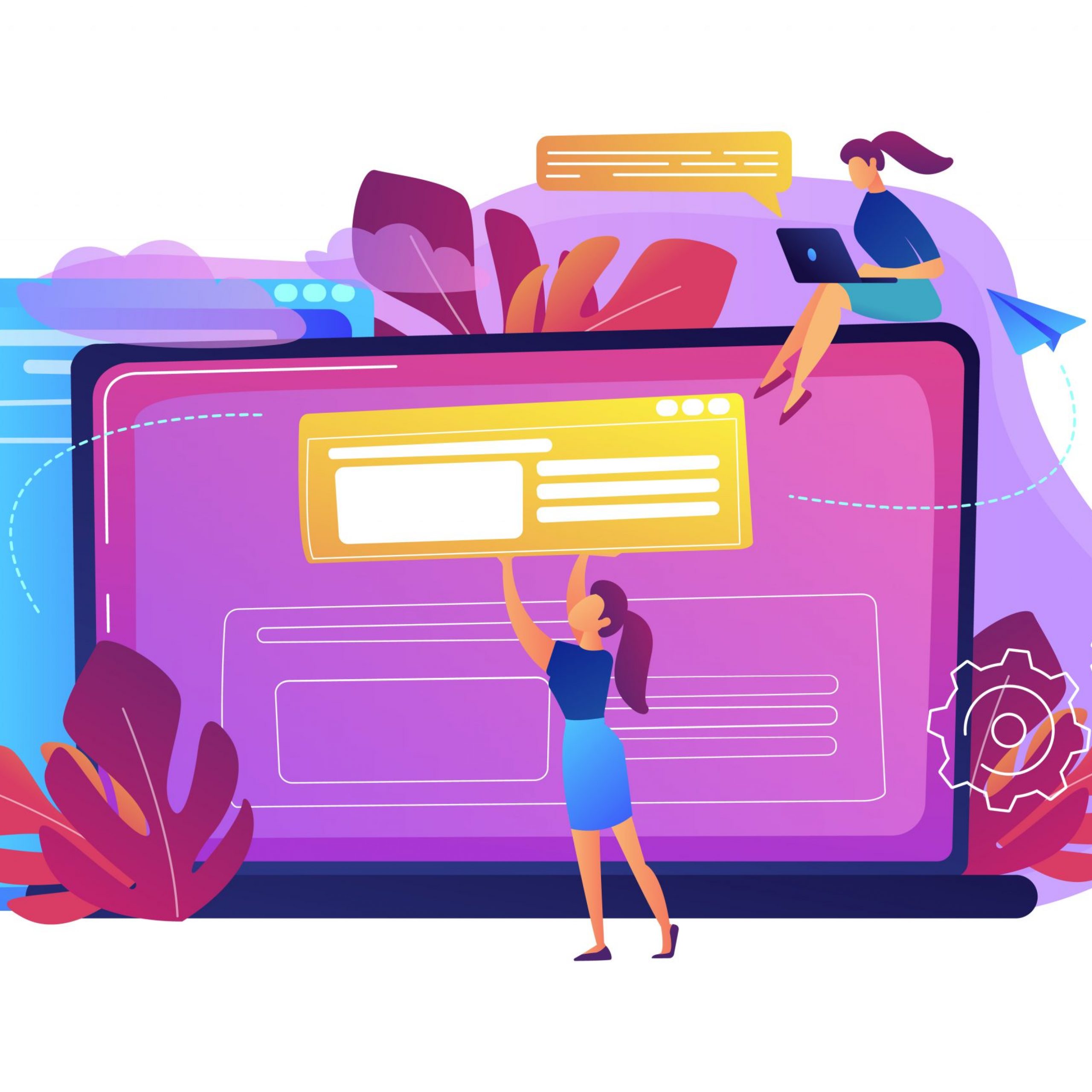 A girl makes a post on big laptop. Bloger is shareing information in weblog, online journal or informational website. Bloging and personal web log concept. Violet palette. Vector illustration.